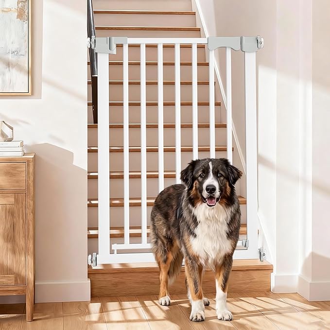 41'' Extra Tall Baby Gate for Large Dogs Pets Indoor No Jumping Over, 30-32.6'' Wide Heavy Duty Puppy Gate for Doorways, Pressure Mounted Metal Gate for Child Toddler No Tools Needed(White)