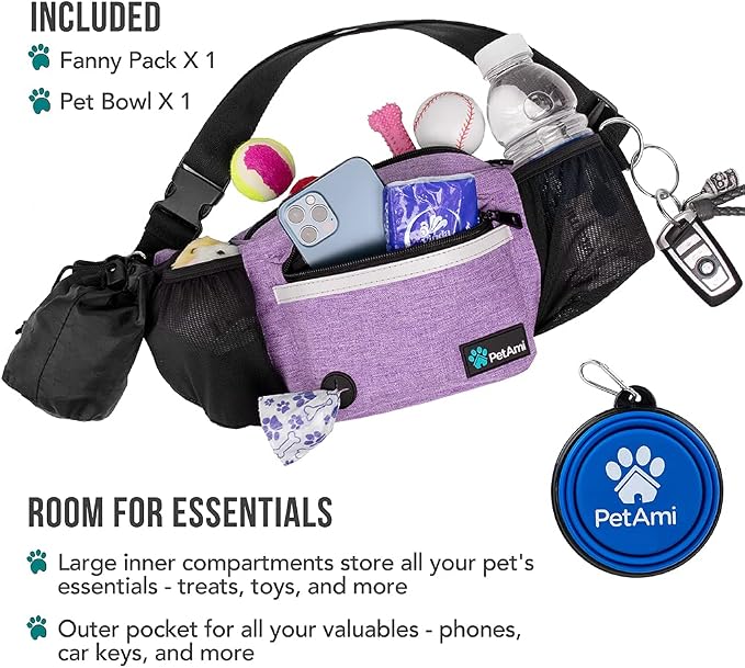 PetAmi Dog Fanny Pack, Treat Pouch for Dog Walking, Training, Built in Poop Bag Dispenser, Water Bottle Holder, Collapsible Bowl, Pet Treat Waist Belt for Hiking, Running, Kibbles (Purple)