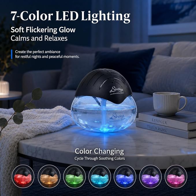 Sirena Twister Air Purifier (Black) - Water Filter Air Washer For Home and Office - Essential Oil Aroma Diffuser With LED Night light - Small Air Cleaner For Smoke and Pets