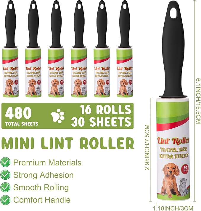 Hushee 16 Pcs Mini Lint Roller for Travel, Portable Pet Hair Remover | Small Lint Removers Bulk for Pet Hair Clothes, Small Removers, Portable Sticky Removing Tool for Furniture Dog Car Seat