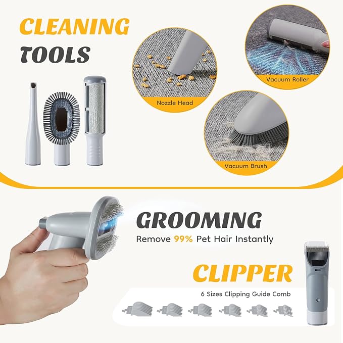 NEWBULIG Pet Grooming Vacuum Kit for Cats and Dogs, 2.5L Dust Cup, White | 3 Suction Modes and 5 Groomer Tools, Dog Clippers with Cordless Low Noise for Cats, Dogs Other Animals Hair Trimmer