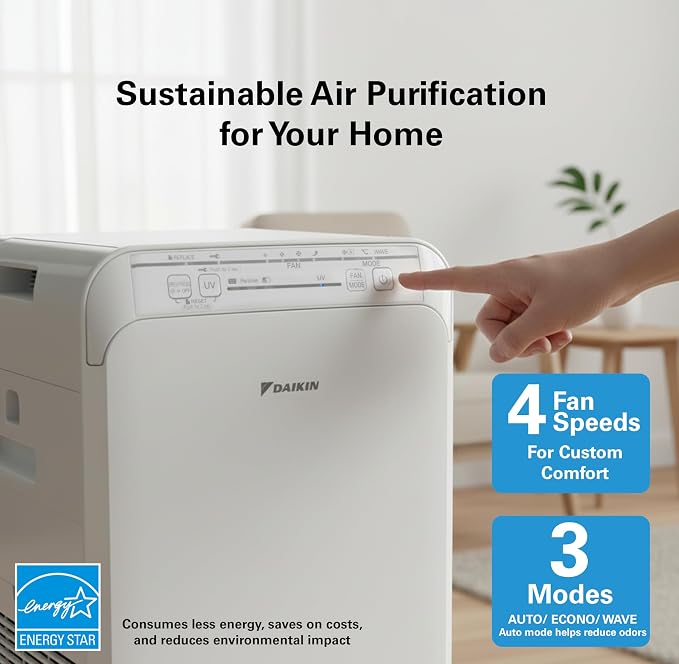 Daikin MCB50YSAU Room Air Purifier for Home, HEPA, Activated Carbon, Pre-Filter and UVC LED Light, Zero Ozone Product, CARB Certified, 10.5 x 10.5 x 19.5 in