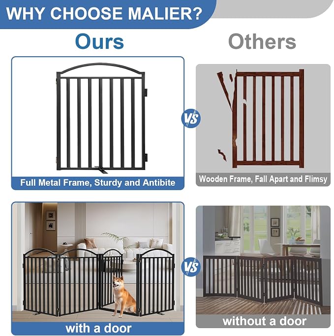 Malier Metal Freestanding Dog Gates with Door, Outdoor Indoor Dog Fences, Extra Wide Foldable Puppy Gate for Stairs, Hallways, Yard (Black, 96''W × 32''H【4 Panels】)