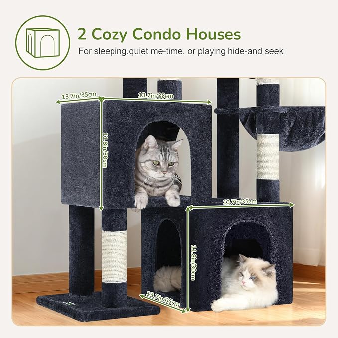 Globlazer 52in Cat Tree Tower for Indoor Cats, 2 Condos, S52, Dark Grey | Multi-Level Plush House, 5 Sisal Scratching Posts, 2 Padded Top Perches, Big Metal Basket, Stable Enlarged Base