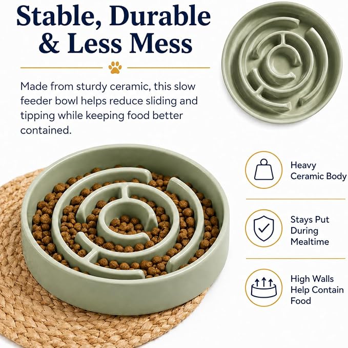 Ceramic Slow Feeder Dog Bowl 1.5 Cup Puzzle Dish for Small Medium Dogs | Glazed ceramic maze bowl with 1.5-cup capacity for dry or wet food, sized for small and medium dogs