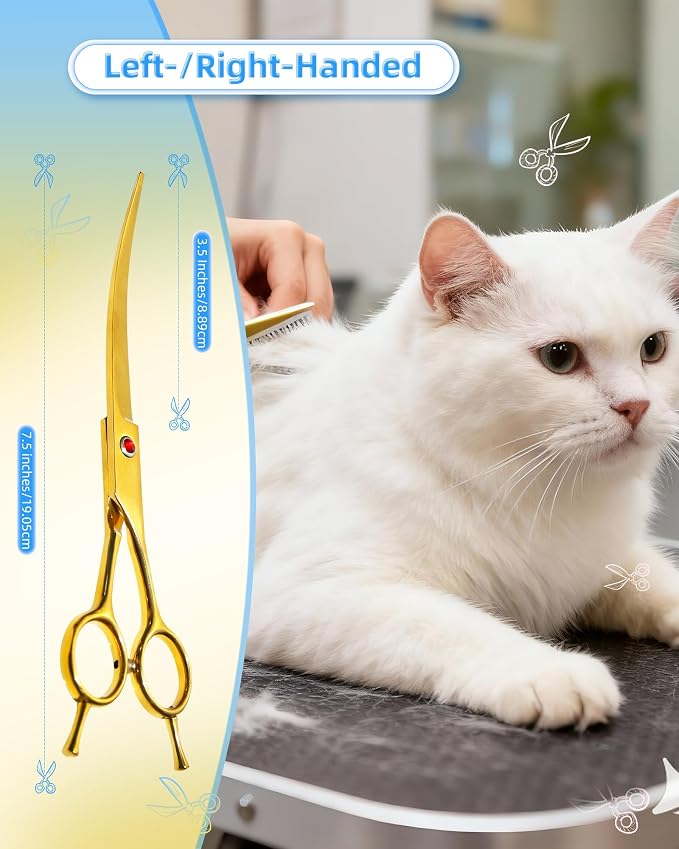 Curved Scissors for Dog Grooming, Dog Grooming Scissors Curved with Noise Reduction Pad, Light Weight,7.5" Pet Cutting Shears Safety Trimming Shearing for Dogs Cats (Curved, Golden)