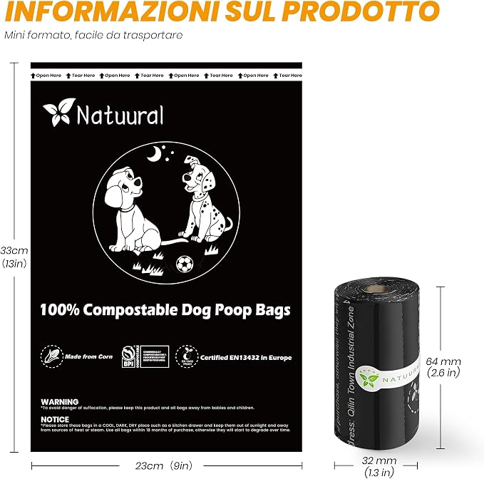 Certified Compostable Dog Poop Bags-270 Bags 18Rolls, Poop Bags for Dogs Made of Cornstarch - ASTM D6400 By USA, Leakproof Easy Open, Unscented Dog Waste Bags (Black)