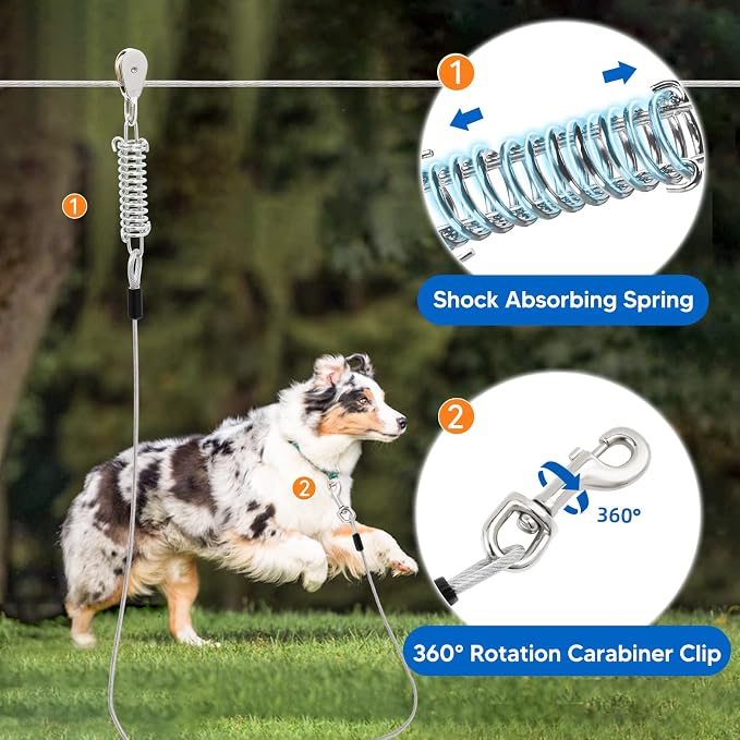 Dog Runner for Yard, Trolley System, 200FT+15FT, Silver | Chew-resistant Cable, Shock Spring Softens Pulls, 360° Swivel Reduce Tangles