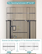 No Pawblems 71" Extra Tall Pet Gate, 29"-43" Wide Pressure Mounted, Black | 1.37" Ultra Narrow Spacing, Auto-Close Tall Cat Gate for Doorway, Dual-Lock, One-handed Operation