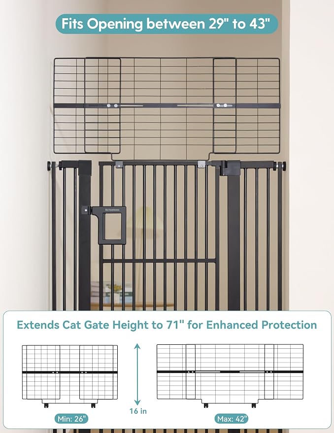 No Pawblems 71" Extra Tall Pet Gate, 29"-43" Wide Pressure Mounted, Black | 1.37" Ultra Narrow Spacing, Auto-Close Tall Cat Gate for Doorway, Dual-Lock, One-handed Operation