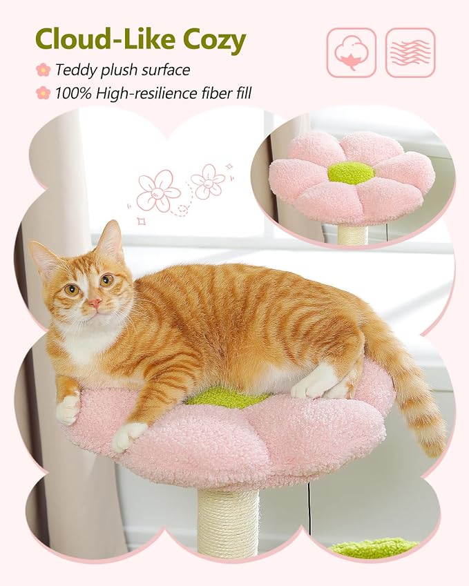 MUTTROS Flower Cat Tree, 28" Cat Tower with Cozy Flower Perch, Large Hammock for Indoor Small Cats, Cute Cat Tree with Sisal Scratching Post and Fur Toy Ball for Kittens, Pink | Plush flower perch, Metal frame hammock, Sisal post, Fluffy toy ball, Thic...