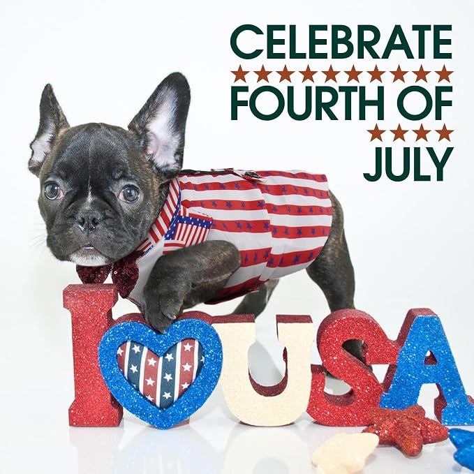 Kuoser Independence Day Dog Tuxedo, Dog Suit and Bandana Set with D-Ring | Formal Dog Costume with Detachable Bowtie Collar for 4th of July Independence Day, American Flag L