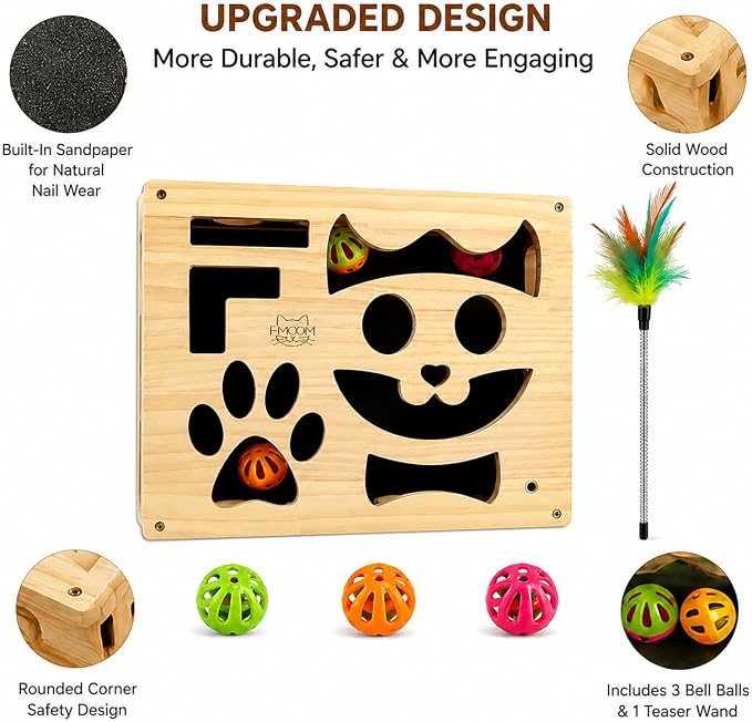 Interactive Cat Puzzle Toy, Wooden Enrichment Box for Indoor Cats | Keep indoor cats active, curious, and engaged with a wooden puzzle toy that encourages play and natural scratching.