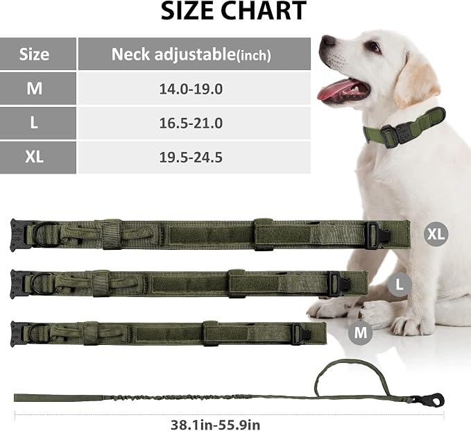 Tactical Dog Collar and Leash Set Heavy Duty Military Dog Collar with Handle and Metal Buckle for Medium and Large Dogs (Army Green, L)