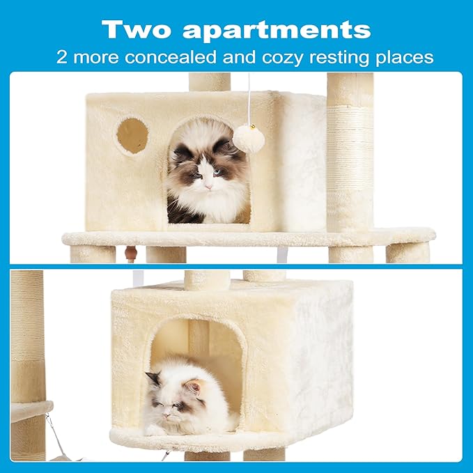 Hey-brother Cat Tree Tower with Sisal Scratching Posts, Big Condo, MPJ020M | 53.7 Inches Multi-Level Cat House with 2 Bigger Plush Condos, 2 Platforms, Hammock, Toy Balls for Indoor Cats, Beige