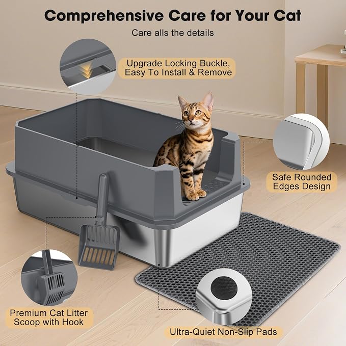 FURTIME Stainless Steel Cat Litter Box, Extra Large Cats Metal Litter Box | High-Sided Open-Top Easy-Clean Litter Pan, Non-Stick, Anti-Leakage, Odor-Free, Comes with Scoop & Mat, 23"×15"×10.5"