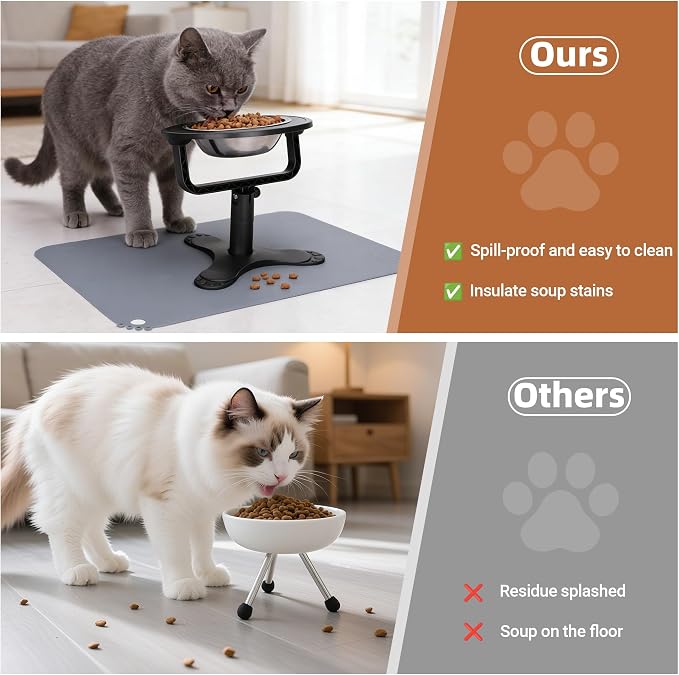 Elevated Cat Bowl with Silicone Food Mat, 3 Height Adjustable, 15° Tilted Cat Bowls Stand with Stainless Steel Bowl for Indoor Cats & Kittens (1 Pack with Mat)，Black