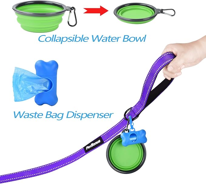 PetBonus Double Dog Leash, No Tangle Dual Leash, Reflective Walking Training Lead, 4 Comfortable Padded Handles for 2 Dogs with Collapsible Bowl and Waste Bags (Purple, Large) | 4 Comfortable Padded Handles, Adjustable, Reflective, For Two Large Medium...