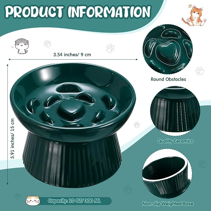 Tioncy 1 Pcs Ceramic Elevated Slow Feeder Cat Bowl, Raised Cat Slow Feeder Bowl, Anti Vomiting for Dry and Wet Food, No Spill High Edge Easy Clean Dishwasher Safe (Dark Green)