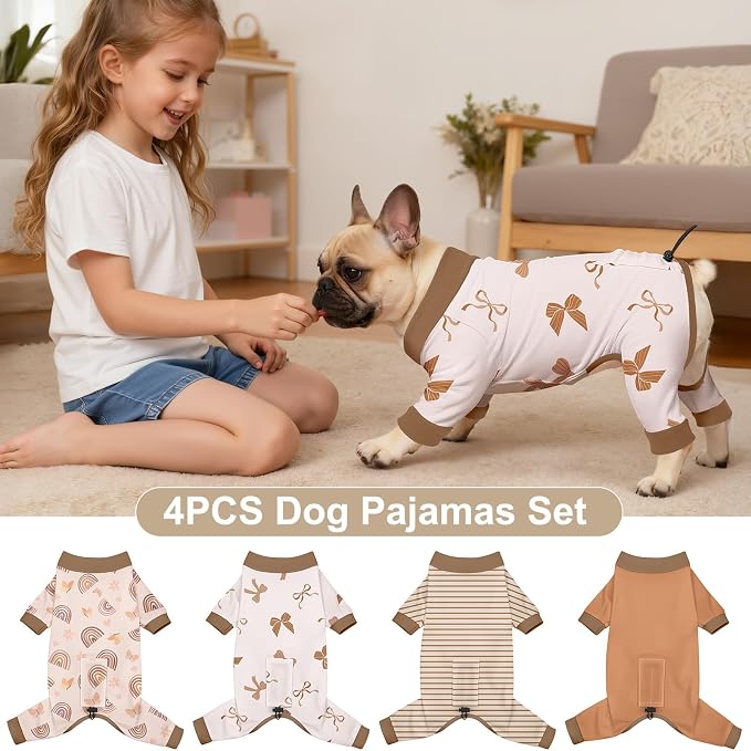 Bienbee Dog Pajamas, 4 Pack Adjustable Onesies for Small to Large Dogs XS | Dog Shedding Suit with Soft Fabric, Breathable & Stretchy, and Adjustable Back Length for Sleeping Lounging and Daily Use