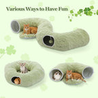 PEQULTI Green Donut Cat Tunnel Bed Washable Plush Mat for Multi Small Pets | Round play tube with soft detachable plush mat, multi-pet toy fit indoor cats, kittens, puppies, rabbits and ferrets