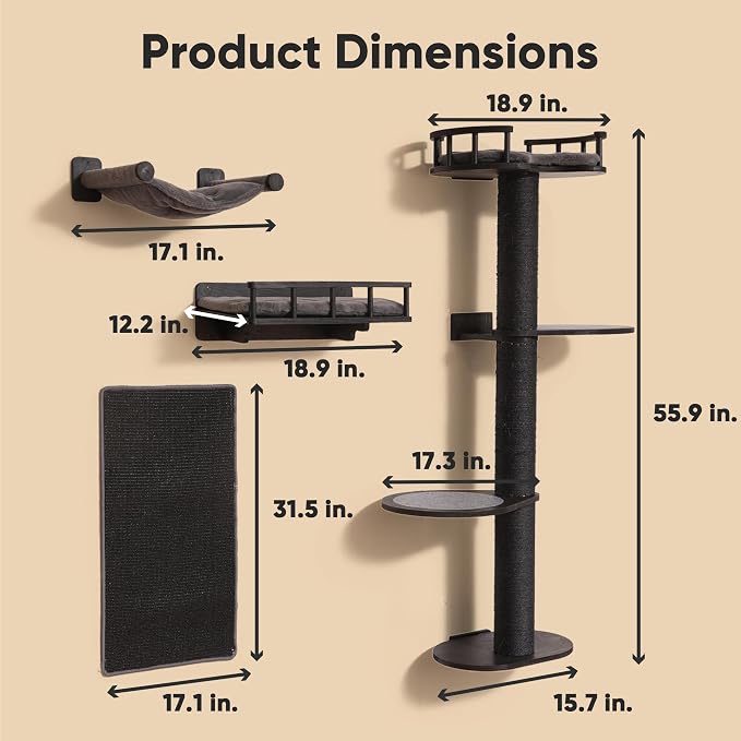 FUKUMARU Cat Wall Shelves, 4 in 1 Set, Black | Stable Wooden Wall-Mounted Furniture Set, Climbing Tree with Hammock, Bed, Perch and Scratching Mat
