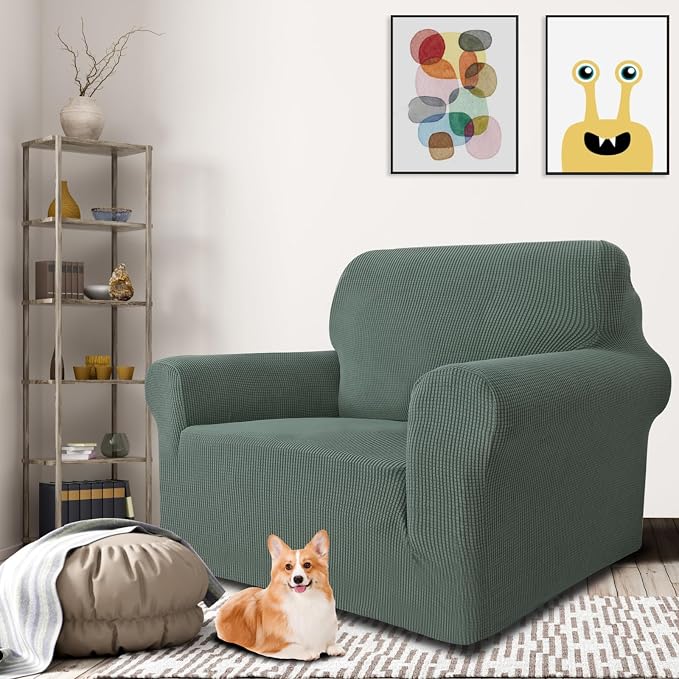 MAXIJIN Stretch Chair Cover Chair Slipcovers with Arms, 1-Piece Couch Sofa Chair Covers for Living Room, Non Slip Armchair Cover (31"-46") Furniture Protector Dogs Pet Friendly (Chair, Pea Green)