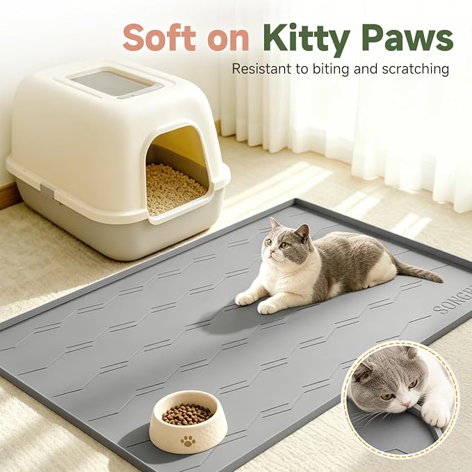 Songrey Silicone Cat Litter Mat 24" x 16", Large Litter Trapping Mat, Gray | Waterproof, Urine-Proof Litter Box Mat for Floor, Soft on Kitty Paws, Easy To Clean, Cat Supplies, Pet Feeding Mat