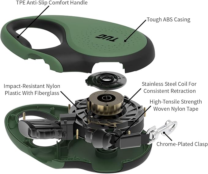 TUG 360° Tangle-Free Retractable Dog Leash with Anti-Slip Handle | 16 ft Strong Nylon Tape | One-Handed Brake, Pause, Lock (Small, Green)