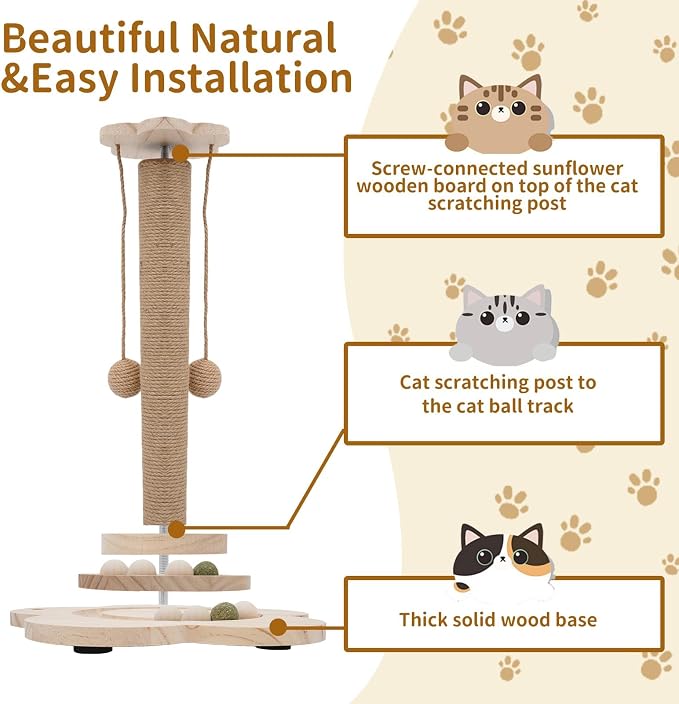 4-in-1 Wider Cat Scratching Post for Large Cats, Cat Tower for Indoor Cats | Wooden Cat Scratcher Toy w/ 2-Level Track, 8 Balls, 2 Sisal Balls & 2 Wand Toys; Stable Indoor Activity Center for All Ages