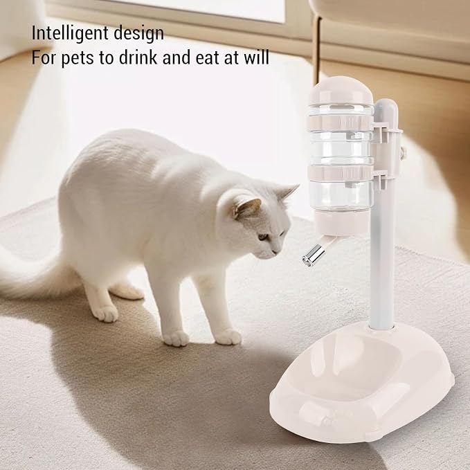Pet Standing Water Dispenser Feeder, 500ml Dog Water Feeder Bottle Adjustable Raised Pet Food Bowl for Dogs Detachable Bottles Easy Cleaning (Beige)