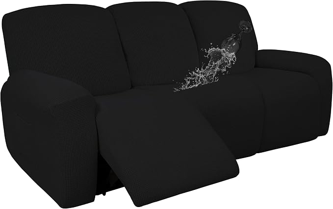 Easy-Going 100% Dual Waterproof Recliner Sofa Cover, 8-Pieces Stretch Relining Couch Cover with Pocket, Jacquard 3 Seat Sofa Slipcover Leakproof Washable (Sofa, Black)