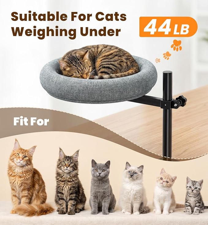 Cat Bed for Desk, 360° Rotating Adjustable Cat Perch, 44 lb, Home Office | Desk mount cat hammock, no-drill G-clamp, faux linen, washable cover, fits desktops up to 2.3 in, space saver, gray