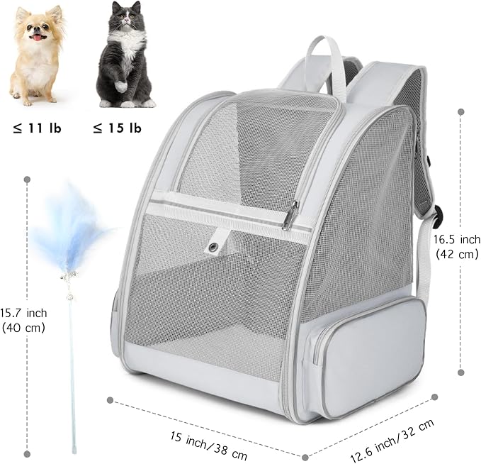 Cat Backpack Carrier, Large Pet Carrier Backpack with Kitten Wand Feather Toy for Medium Small Dog Cat Puppy Kitty Bunny up to 15lbs, Ventilated Mesh Kitten Bookbag for Travel Walking Outdoor (Grey)