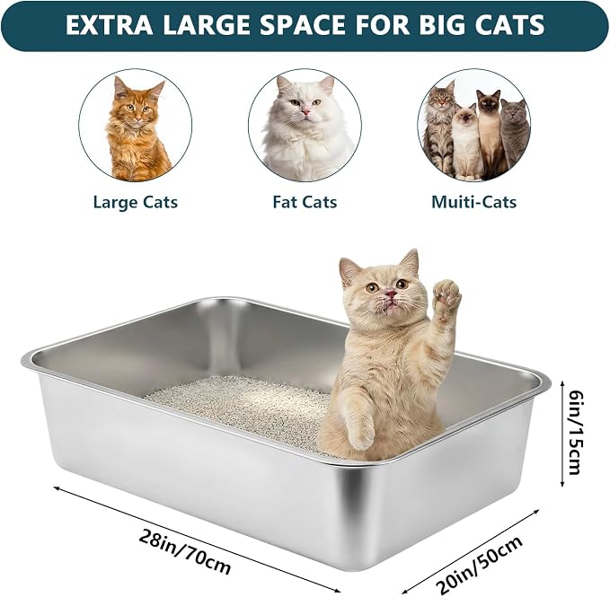 Homegroove XXXL Stainless Steel Litter Box, 28"x20"x8" Large for Big Cats | Extra Large Metal Cat Litter Box, Non-Stick Easy to Clean Surface, Jumbo Size for Big Cats & Multiple Cats