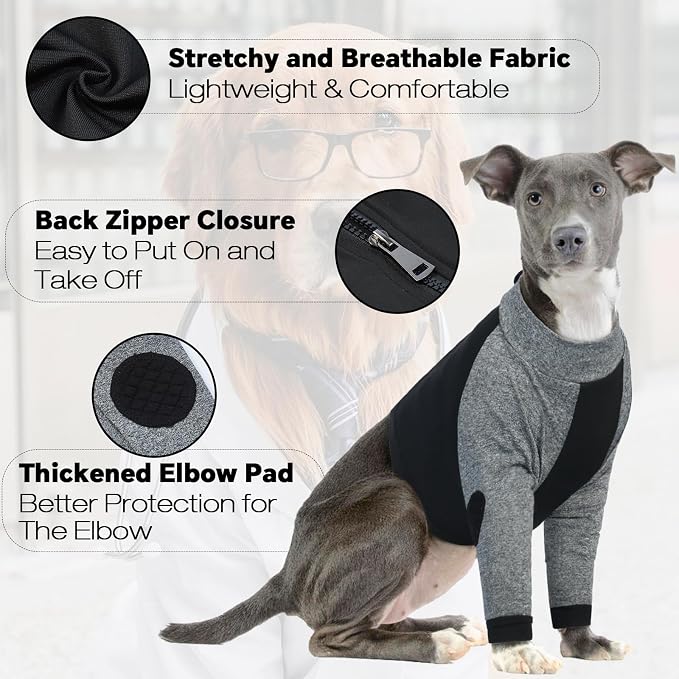 Lelepet Dog Recovery Suit for Front Legs, Dog Sleeve to Stop Licking Black | Elbow Protector for Leg Injuries Shoulder Wounds After Surgery Male Female,Zippered Long-Sleeved Shirt Cone Alternative S-3XL