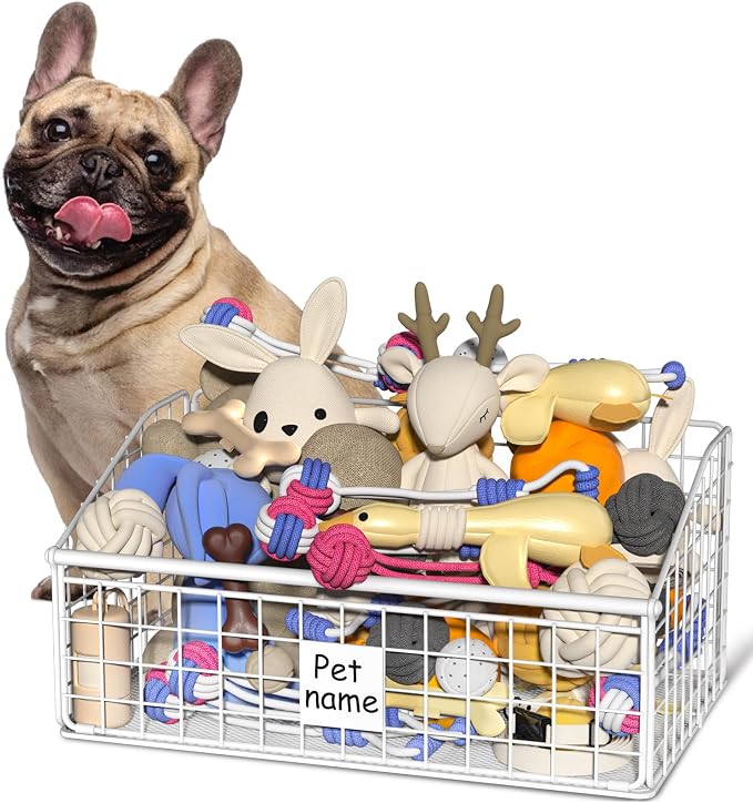 Dog Toy Bin Toy Basket Metal Storage Box with Handles Dog Organizer Chew-Proof White Dog Toy Box Blankets Leashes Chest Puppy Dog Toy Storage Container Home Decor Pet Toys Dog Cat