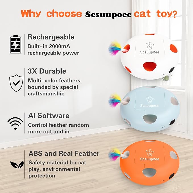 Cat Toys, Rechargeable Interactive Cat Toy, Orange | Smart Sensor Pop-Up Feather Toy with 7 Holes, USB Powered Automatic Kitten Toy for Indoor Cats