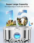 4.2Gal Extra Large Dog Water Fountain, 16L Stainless Steel Pet Water Fountain for Large Dogs, No Spill Dog Water Bowl Dispenser with Deeper Wider Bowl, 68-Cup Water Tank for Multi-Pet(with 7 Filters)