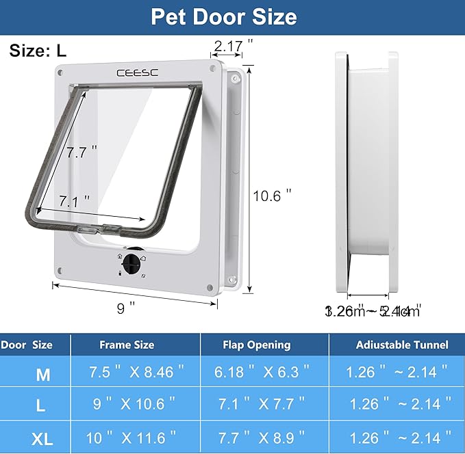 CEESC Large Cat Door for Interior/Exterior, for Pets <23.62", White | Rotary 4-Way Lock, Weatherproof, Fits doors 1.26-2.14", Adjustable tunnel depth, Upgraded version