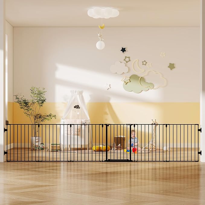 144" Extra Wide Baby Gate with Door, Configurable Baby Fence | Fireplace Gate with Anti-Trip Pedal, Family Essentials Safety Gate for Child Dogs Pets, 28'' Tall 6 Panels Black