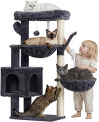 Heybly Cat Tree, 40" Tower with All-Sisal Wrapped Scratching Post HCT006SG | Cat Tower for Indoor Cats, Cat Condo with Soft Platform, 2 Baskets and Dangling Toy, Smoky Gray
