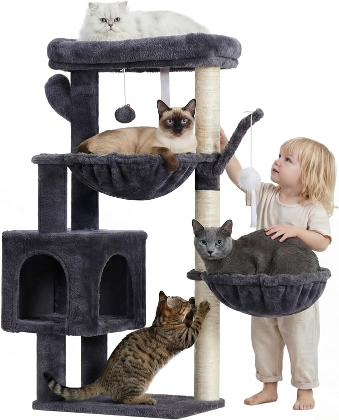 Heybly Cat Tree, 40" Tower with All-Sisal Wrapped Scratching Post HCT006SG | Cat Tower for Indoor Cats, Cat Condo with Soft Platform, 2 Baskets and Dangling Toy, Smoky Gray