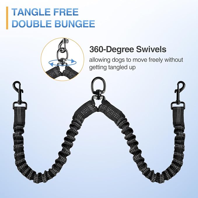 Kytely Dual Dog Leash, Hands Free Double Dog Leash | Zipper Pouch, Wide Padded Waist Dog Running Leash, Dual Padded Handles, Retractable Bungee for Walking Jogging Hiking