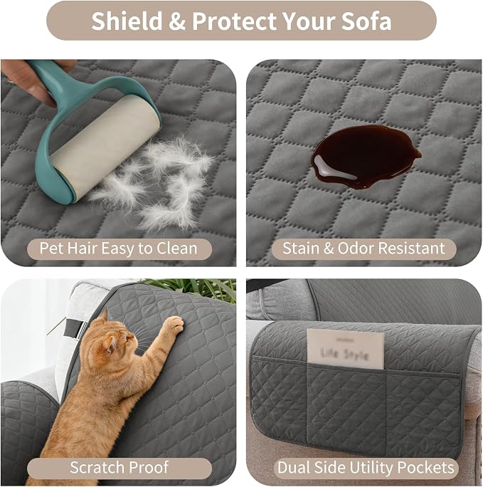 100% Waterproof Couch Cover for Dogs with Non-Slip & Side Pockets 68", Furniture Protector Sofa Covers, Washable Cushion Covers for Pets Kids Cat-3 Cushion Couch Darkgrey
