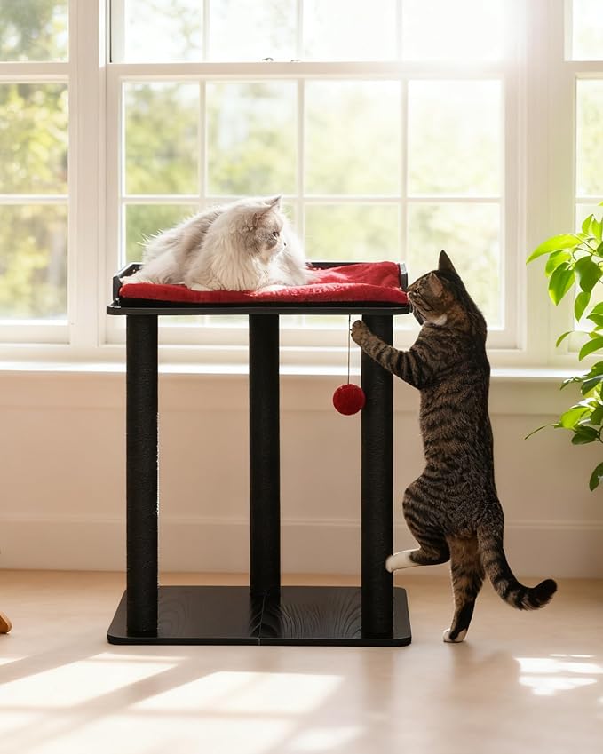 FourFurPets 26.7in Large Cat Tree Tower Condo, Cat Scratch Posts for Indoor Cats, Big Plate, Three 23.6in Full Sisal Scratching Posts, Black&Red