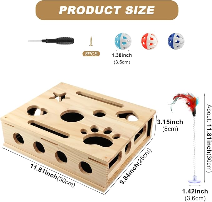 Cat Scratch Puzzle Enrichment Box, Wood Cat Nail File Box with Sandpaper Inside, Claw Care Toy for Indoor Cats with 3 Bell Balls & Teaser Wand, Alternative to Clippers & Grinders