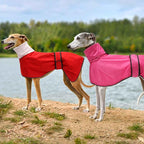Greyhound Whippet Raincoat Waterproof with Reflective Stripe high Neck fit for Italian Greyhounds Whippets Long Back Breeds - Pink - XL