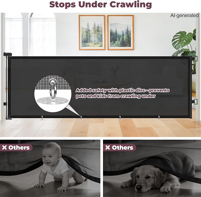 96" Retractable Baby Gate, Long Mesh Dog Gate for Garage Deck Porch | Strong Suction Disc Prevent Crawling Under, 34" Tall Child Safety Gate for Large Openings, Indoor Outdoor Use, Black