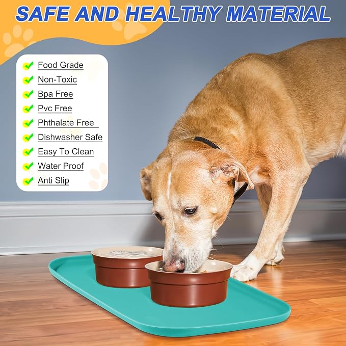 SMILOOL Silicone Pet Food Mat with Raised Edge for Food and Water Bowl, Dog Feeding Mats, Cat Food Trays for Floor Waterproof, Rubber Tray for Dogs and Cats, 19 x 12 x 0.7 Dark Turquoise